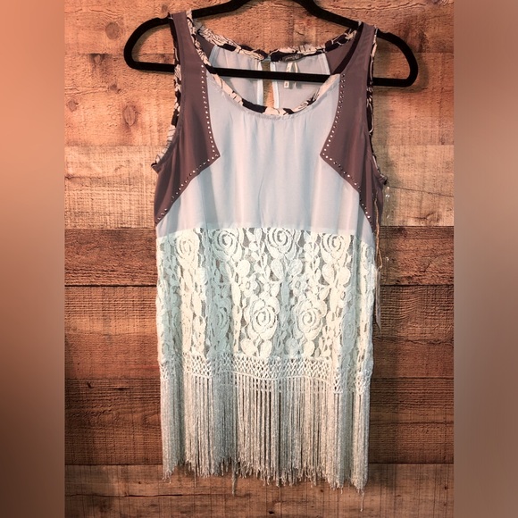 BKE Tops - BKE sheer lace fringe blouse NWT